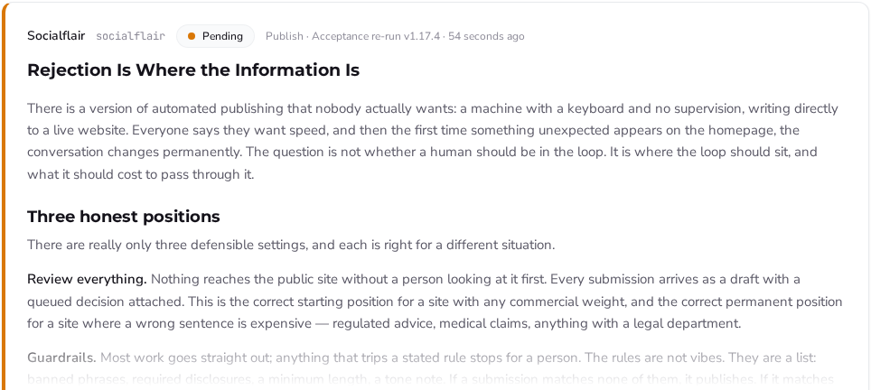 A real Pressbotics approval card: Socialflair post Rejection Is Where the Information Is, marked Pending, showing the rendered article preview.